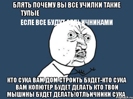 блять почему вы все училки такие тупые
есле все будут отльичниками кто сука вам дом строить будет-кто сука вам копютер будет делать кто твои мышины будет делать!отльичники сука, Мем Ну почему