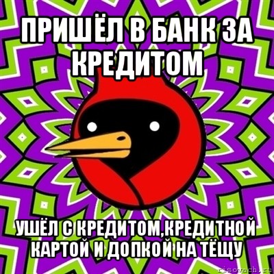 пришёл в банк за кредитом ушёл с кредитом,кредитной картой и допкой на тёщу, Мем Омская птица