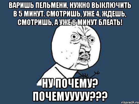 варишь пельмени, нужно выключить в 5 минут. смотришь, уже 4, ждешь, смотришь, а уже 6 минут блеать! ну почему? почемууууу???, Мем Ну почему