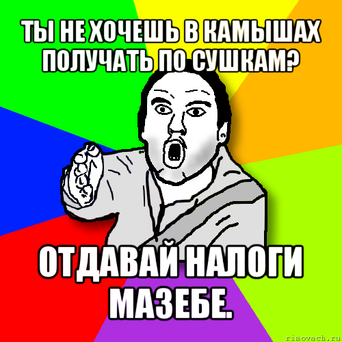 ты не хочешь в камышах получать по сушкам? отдавай налоги мазебе., Мем утверждатель