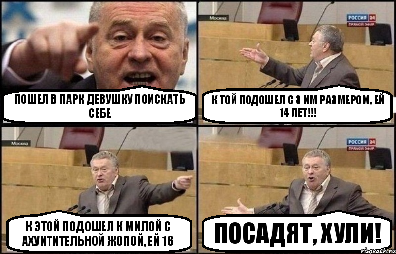 пошел в парк девушку поискать себе к той подошел с 3 им размером, ей 14 лет!!! к этой подошел к милой с ахуитительной жопой, ей 16 посадят, хули!, Комикс Жириновский