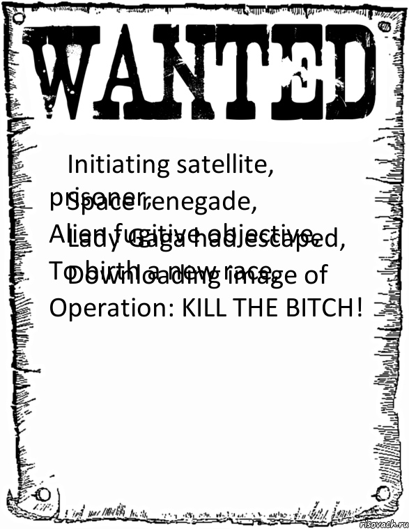 Initiating satellite,
Space renegade,
Lady Gaga had escaped,
Downloading image of prisoner,
Alien fugitive objective,
To birth a new race,
Operation: KILL THE BITCH! 