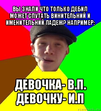 вы знали что только дебил может спутать винительний и именительний падеж? например: девочка- в.п. девочку- и.п, Мем умный гопник