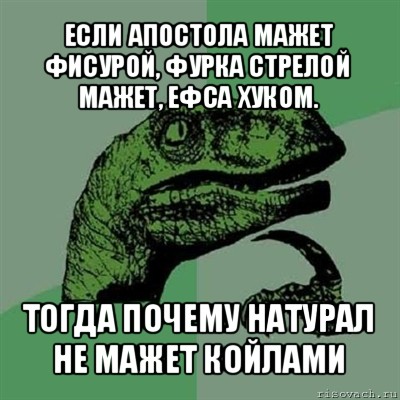 если апостола мажет фисурой, фурка стрелой мажет, ефса хуком. тогда почему натурал не мажет койлами, Мем Филосораптор