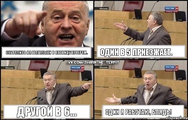 Собрались на шашлыки в пятницу вечером. Один в 5 приезжает. Другой в 6... Один я работаю, блядь!, Комикс Жириновский