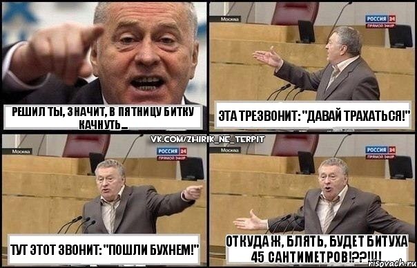 Решил ты, значит, в пятницу битку качнуть... Тут этот звонит: "Пошли бухнем!" Эта трезвонит: "Давай трахаться!" Откуда ж, блять, будет битуха 45 сантиметров!??!!!, Комикс Жириновский