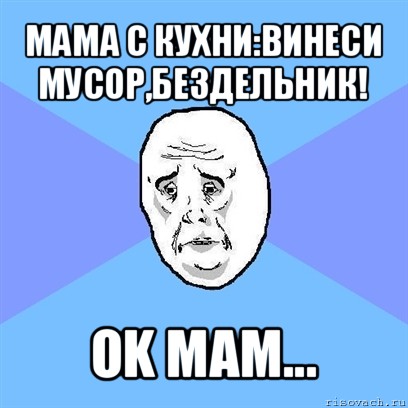 мама с кухни:винеси мусор,бездельник! оk мам..., Мем Okay face