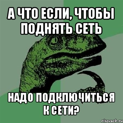 а что если, чтобы поднять сеть надо подключиться к сети?, Мем Филосораптор