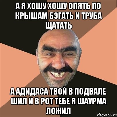 а я хошу хошу опять по крышам бэгать и труба щатать а адидаса твой в подвале шил и в рот тебе я шаурма ложил, Мем Я твой дом труба шатал