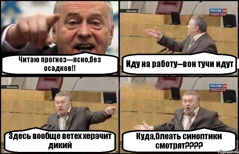 Читаю прогноз---ясно,без осадков!! Иду на работу--вон тучи идут Здесь вообще ветех херачит дикий Куда,блеать синоптики смотрят???, Комикс Жириновский