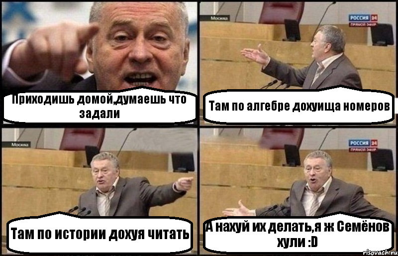 Приходишь домой,думаешь что задали Там по алгебре дохуища номеров Там по истории дохуя читать А нахуй их делать,я ж Семёнов хули :D, Комикс Жириновский