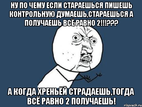 ну по чему если стараешься пишешь контрольную думаешь,стараешься а получаешь всё равно 2!!!??? а когда хреньёй страдаешь,тогда всё равно 2 получаешь!, Мем Ну почему