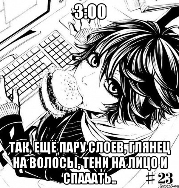 3:00 так, ещё пару слоев, глянец на волосы, тени на лицо и спааать.., Мем Типичный задрот АНИМЕ23