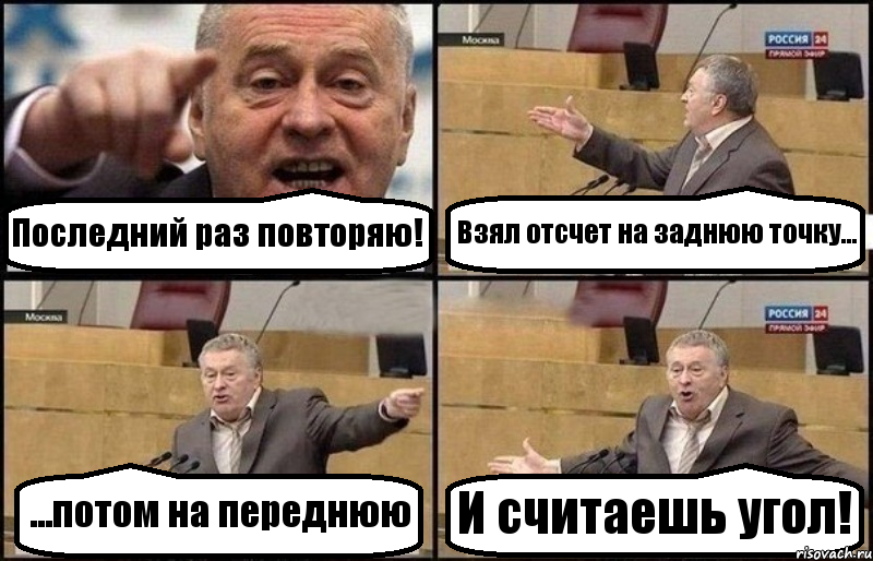 Последний раз повторяю! Взял отсчет на заднюю точку... ...потом на переднюю И считаешь угол!, Комикс Жириновский