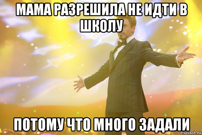 мама разрешила не идти в школу потому что много задали, Мем Тони Старк (Роберт Дауни младший)