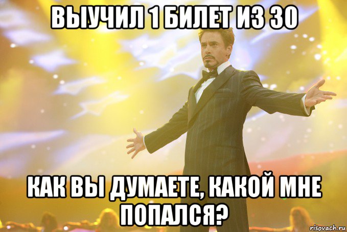 выучил 1 билет из 30 как вы думаете, какой мне попался?, Мем Тони Старк (Роберт Дауни младший)