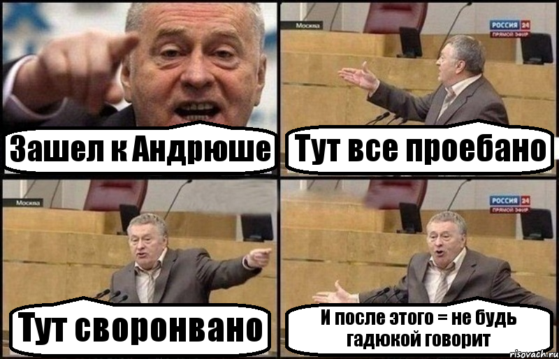 Зашел к Андрюше Тут все проебано Тут своронвано И после этого = не будь гадюкой говорит, Комикс Жириновский