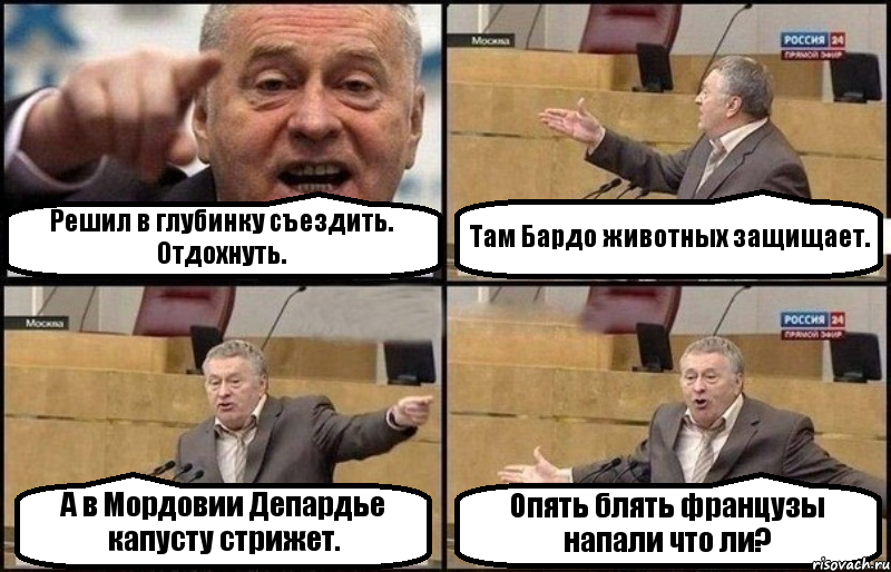 Решил в глубинку съездить. Отдохнуть. Там Бардо животных защищает. А в Мордовии Депардье капусту стрижет. Опять блять французы напали что ли?, Комикс Жириновский