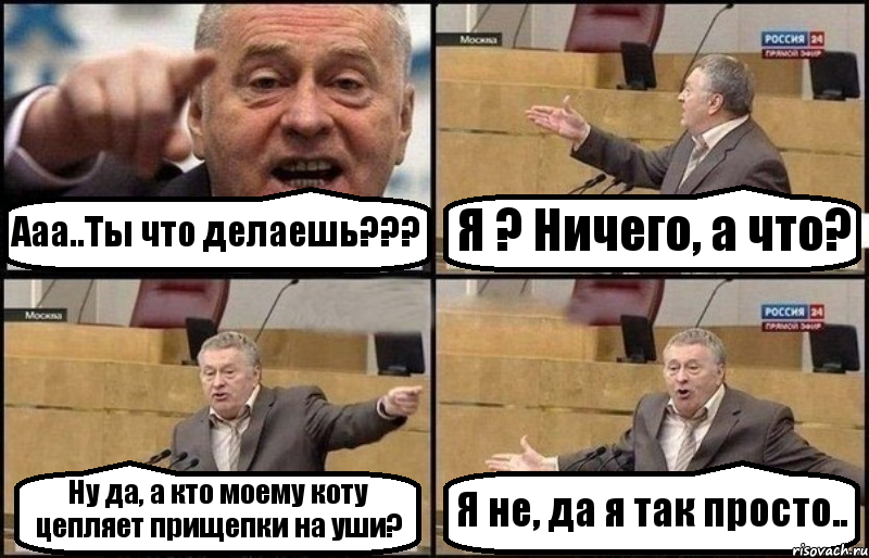 Ааа..Ты что делаешь??? Я ? Ничего, а что? Ну да, а кто моему коту цепляет прищепки на уши? Я не, да я так просто.., Комикс Жириновский