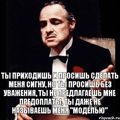 Ты приходишь и просишь сделать меня сигну, но ты просишь без уважения, ты не предлагаешь мне предоплаты, ты даже не называешь меня "Моделью"