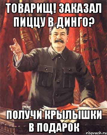 товарищ! заказал пиццу в динго? получи крылышки в подарок, Мем  сталин цветной