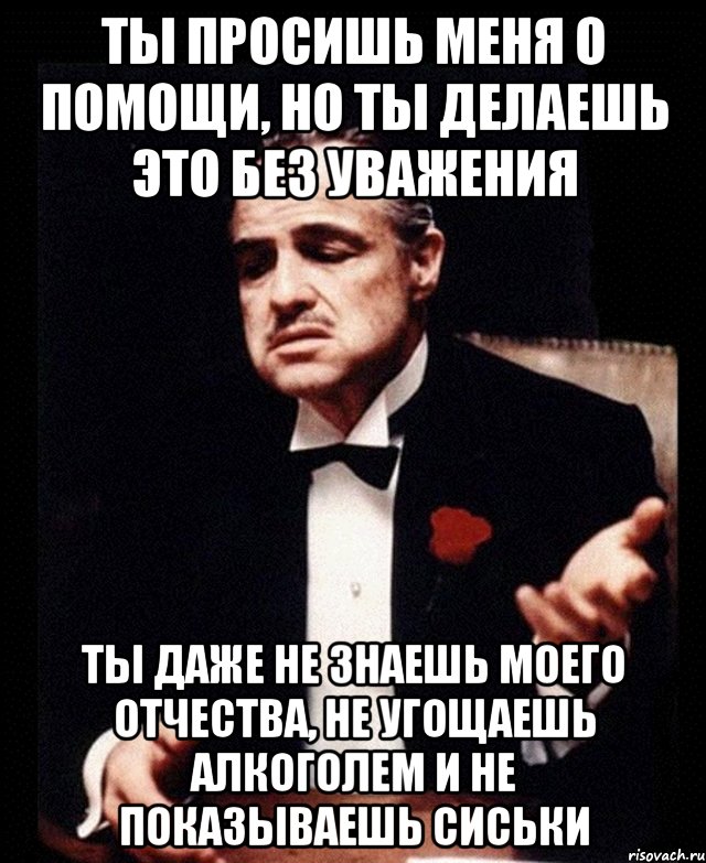 ты просишь меня о помощи, но ты делаешь это без уважения ты даже не знаешь моего отчества, не угощаешь алкоголем и не показываешь сиськи, Мем ты делаешь это без уважения