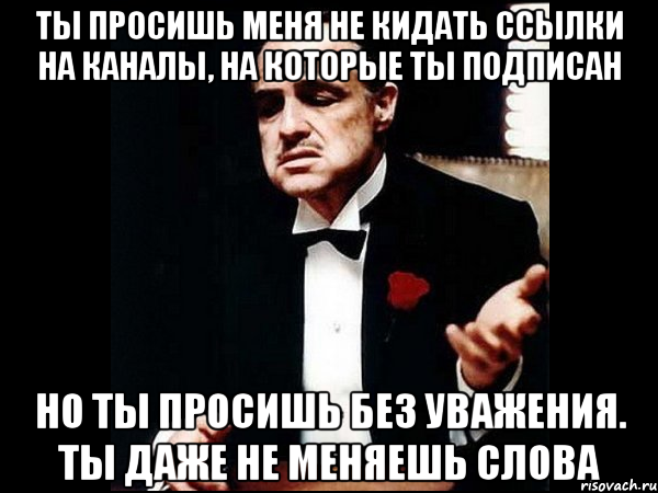 ты просишь меня не кидать ссылки на каналы, на которые ты подписан но ты просишь без уважения. ты даже не меняешь слова, Мем ты делаешь это без уважения