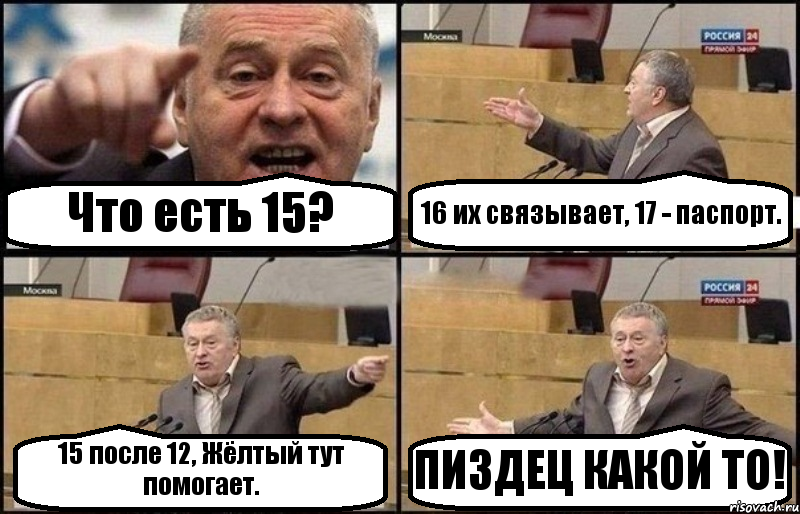 Что есть 15? 16 их связывает, 17 - паспорт. 15 после 12, Жёлтый тут помогает. ПИЗДЕЦ КАКОЙ ТО!, Комикс Жириновский