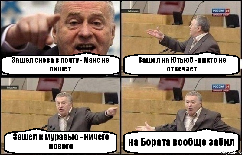 Зашел снова в почту - Макс не пишет Зашел на Ютьюб - никто не отвечает Зашел к муравью - ничего нового на Бората вообще забил, Комикс Жириновский