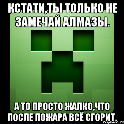 кстати,ты только не замечай алмазы. а то просто жалко,что после пожара всё сгорит., Мем Creeper