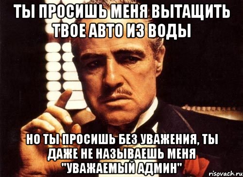 ты просишь меня вытащить твое авто из воды но ты просишь без уважения, ты даже не называешь меня "уважаемый админ", Мем крестный отец