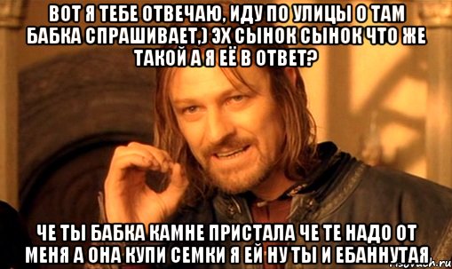 вот я тебе отвечаю, иду по улицы о там бабка спрашивает,) эх сынок сынок что же такой а я её в ответ? че ты бабка камне пристала че те надо от меня а она купи семки я ей ну ты и ебаннутая, Мем Нельзя просто так взять и (Боромир мем)