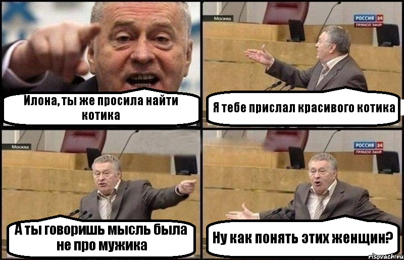 Илона, ты же просила найти котика Я тебе прислал красивого котика А ты говоришь мысль была не про мужика Ну как понять этих женщин?, Комикс Жириновский