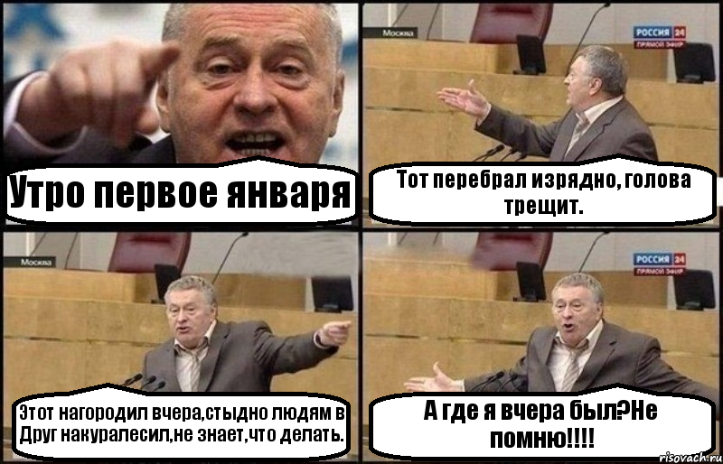 Утро первое января Тот перебрал изрядно, голова трещит. Этот нагородил вчера,стыдно людям в Друг накуралесил,не знает,что делать. А где я вчера был?Не помню!!!, Комикс Жириновский