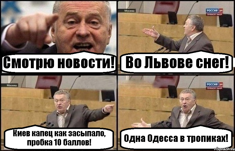 Смотрю новости! Во Львове снег! Киев капец как засыпало, пробка 10 баллов! Одна Одесса в тропиках!, Комикс Жириновский