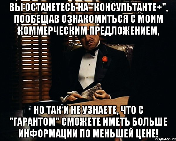 вы останетесь на "консультанте+", пообещав ознакомиться с моим коммерческим предложением, но так и не узнаете, что с "гарантом" сможете иметь больше информации по меньшей цене!