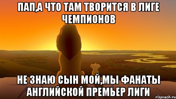 пап,а что там творится в лиге чемпионов не знаю сын мой,мы фанаты английской премьер лиги, Мем  король лев