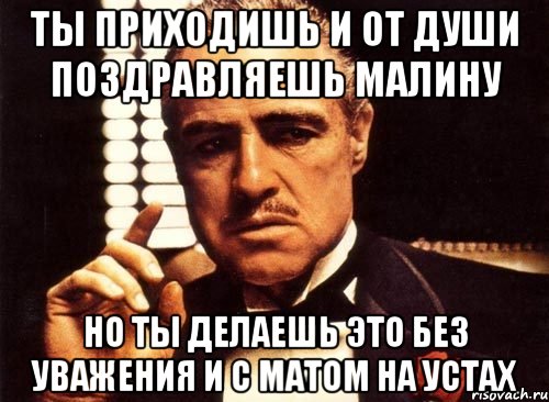 ты приходишь и от души поздравляешь малину но ты делаешь это без уважения и с матом на устах, Мем крестный отец