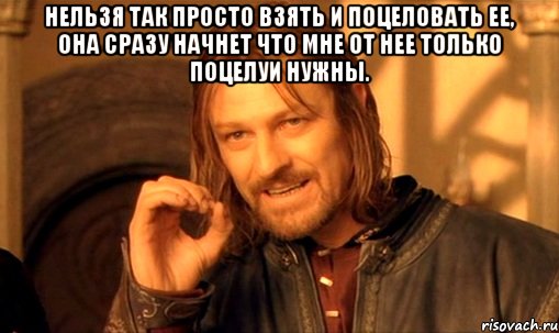 нельзя так просто взять и поцеловать ее, она сразу начнет что мне от нее только поцелуи нужны. , Мем Нельзя просто так взять и (Боромир мем)