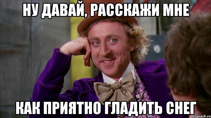 ну давай, расскажи мне как приятно гладить снег, Мем Ну давай расскажи (Вилли Вонка)