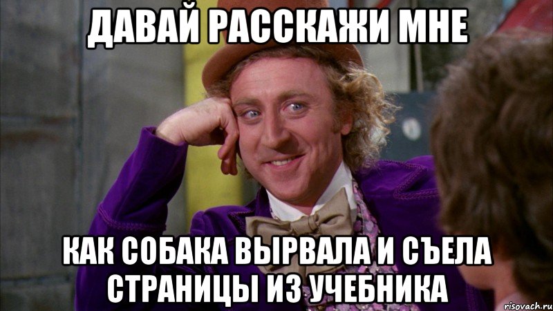 давай расскажи мне как собака вырвала и съела страницы из учебника, Мем Ну давай расскажи (Вилли Вонка)