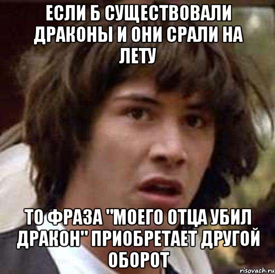 если б существовали драконы и они срали на лету то фраза "моего отца убил дракон" приобретает другой оборот, Мем А что если (Киану Ривз)