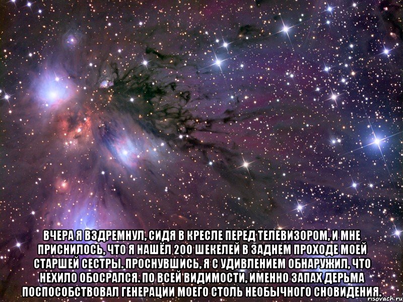  вчера я вздремнул, сидя в кресле перед телевизором, и мне приснилось, что я нашёл 200 шекелей в заднем проходе моей старшей сестры. проснувшись, я с удивлением обнаружил, что нехило обосрался. по всей видимости, именно запах дерьма поспособствовал генерации моего столь необычного сновидения., Мем Космос