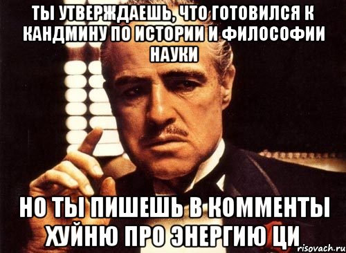 ты утверждаешь, что готовился к кандмину по истории и философии науки но ты пишешь в комменты хуйню про энергию ци, Мем крестный отец