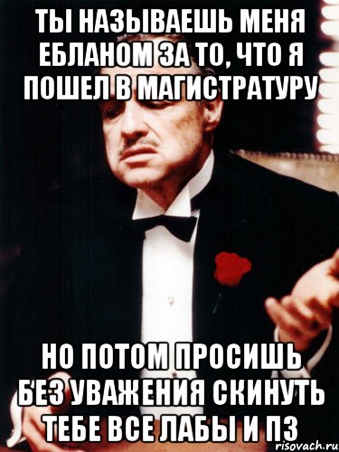 ты называешь меня ебланом за то, что я пошел в магистратуру но потом просишь без уважения скинуть тебе все лабы и пз, Мем ты делаешь это без уважения