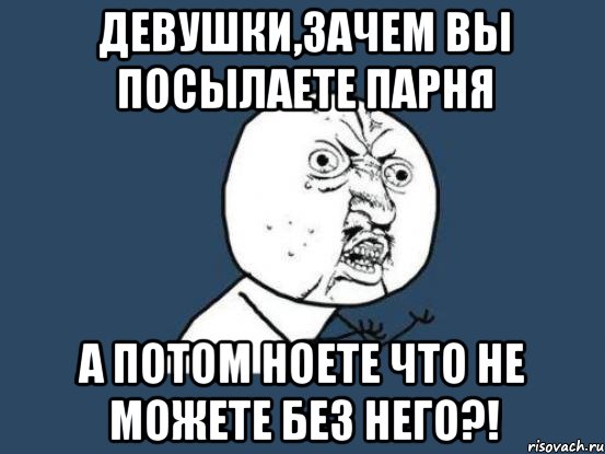 девушки,зачем вы посылаете парня а потом ноете что не можете без него?!, Мем Ну почему