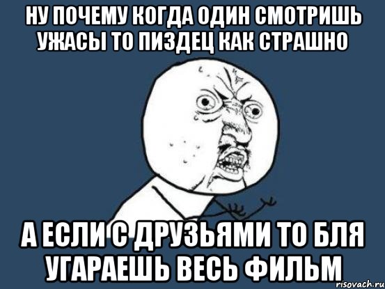 ну почему когда один смотришь ужасы то пиздец как страшно а если с друзьями то бля угараешь весь фильм, Мем Ну почему