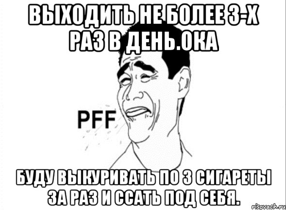 выходить не более 3-х раз в день.ока буду выкуривать по 3 сигареты за раз и ссать под себя.