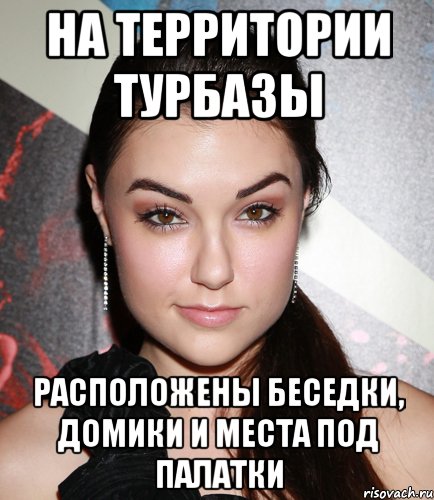 на территории турбазы расположены беседки, домики и места под палатки, Мем  Саша Грей улыбается