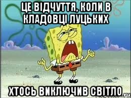 це відчуття, коли в кладовці луцьких хтось виключив світло, Мем Спанч Боб плачет